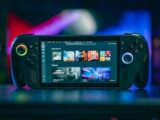 A handheld gaming console with a bright screen