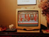 Retro living room scene featuring vintage TV playing classic video game.