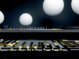 White spheres float above a dark, futuristic circuit board